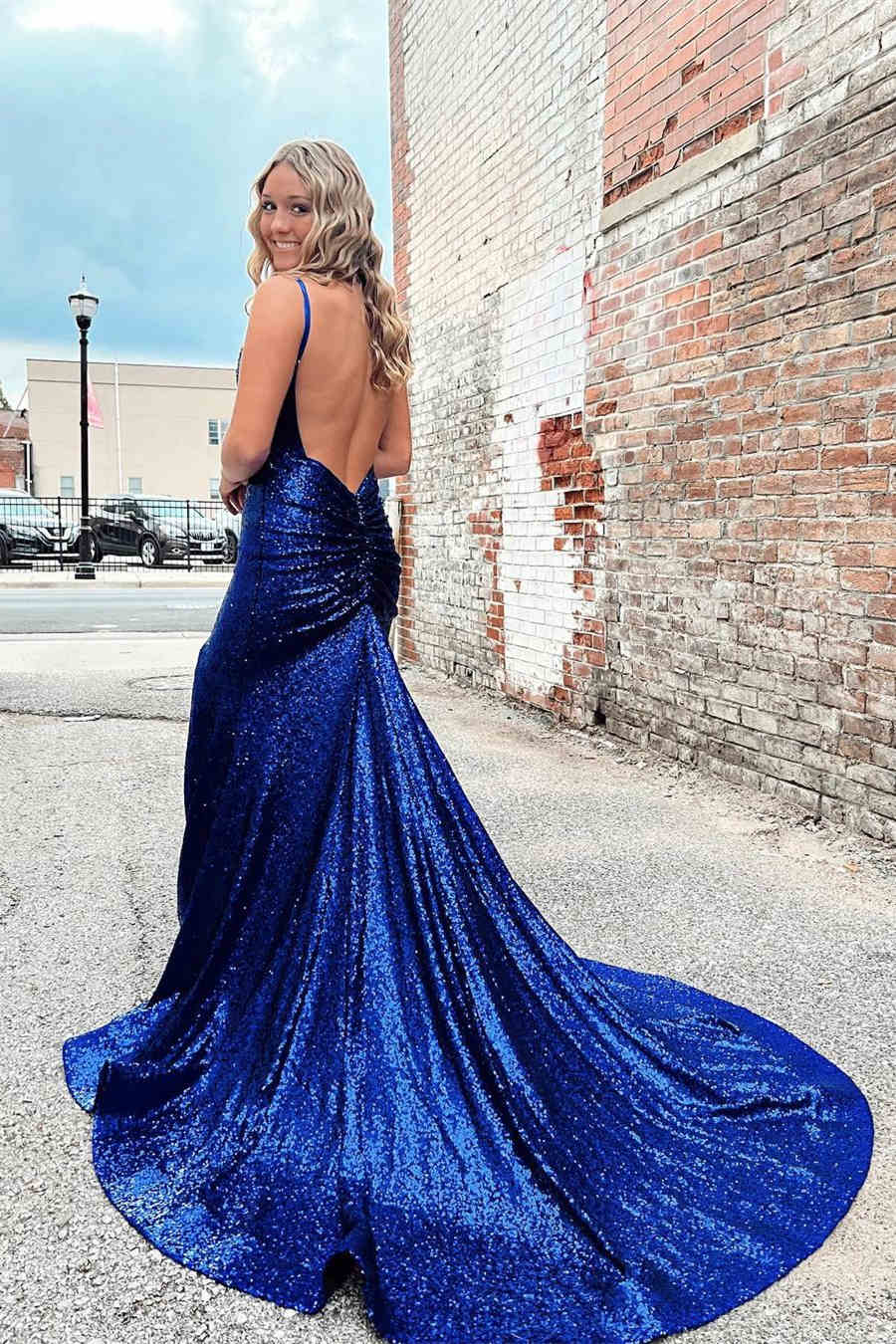 Straps Mermaid Prom dress with Slit in Royal Blue - Image 2