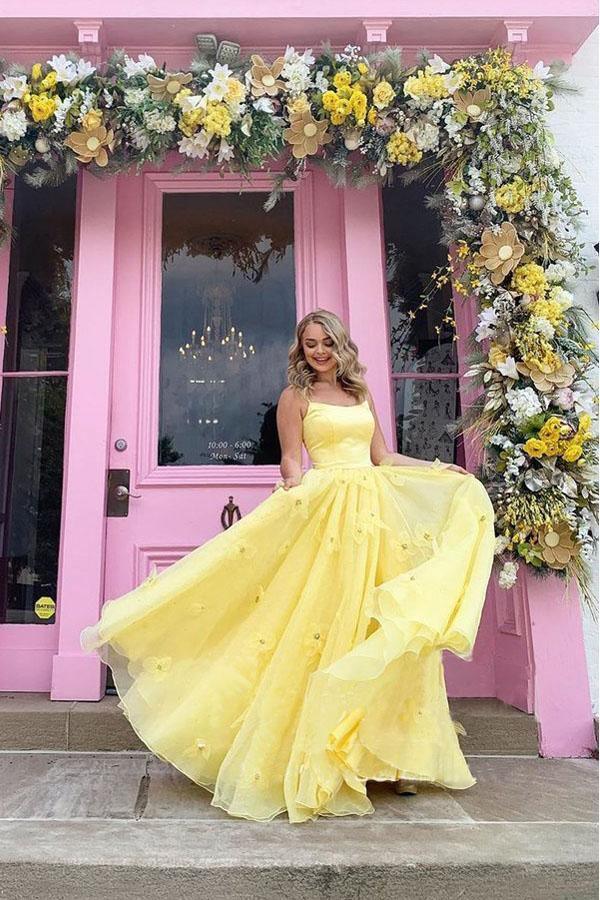Straps Tulle Bodice 3D Flowers With Back Lace Up Yellow Prom Dress - Image 2