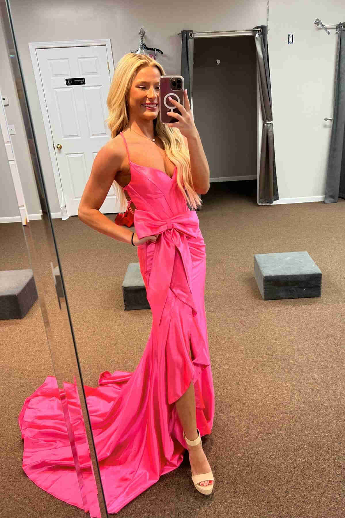 Straps V-Neck Satin Mermaid Prom Dress with Bow - Image 2