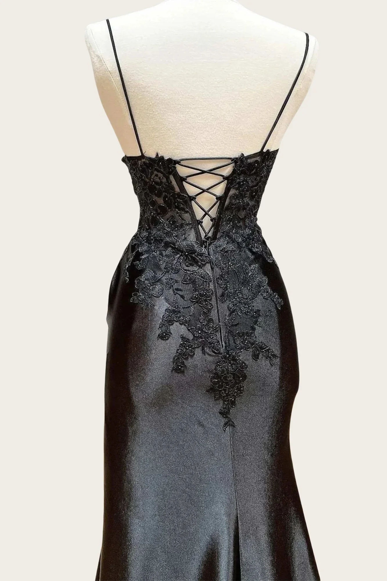 Straps Black Appliques Long Dress with Slit - Image 2