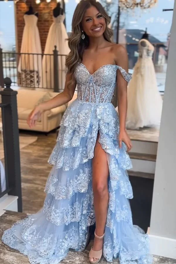 Stunning Blue Princess Tiered Long Prom Dresses With Lace Ruffles, MP921 - Image 2