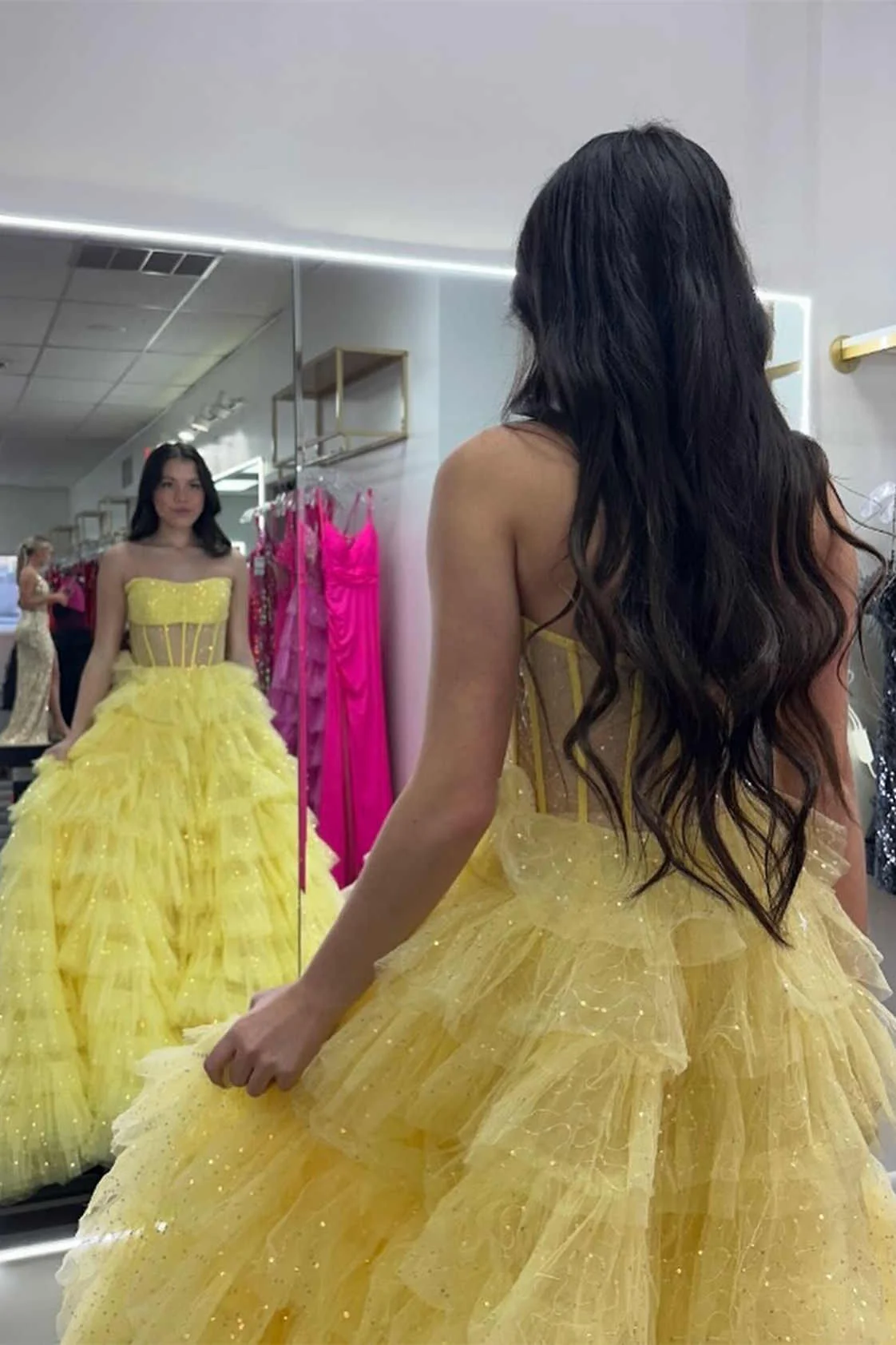 A Line Strapless Corset Glitter Tulle Prom Dress with Ruffles - Image 9