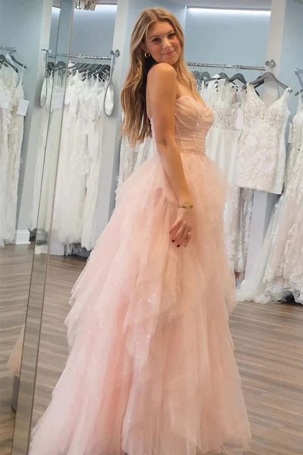 Stunning Light Pink Tulle A-line Strapless Prom Dress, Evening Dresses - Image 3