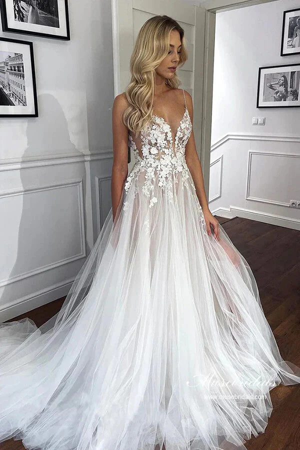 Stunning Tulle Lace See Through Sweetheart Boho Wedding Dresses