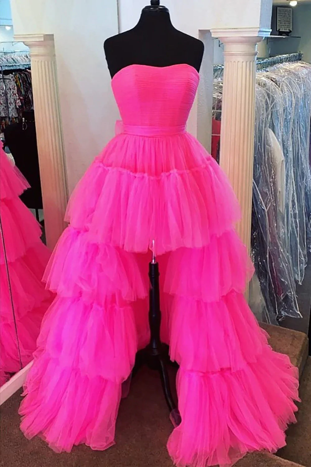A-line High Low Strapless Tulle Prom Dress with Ruffles - Image 2