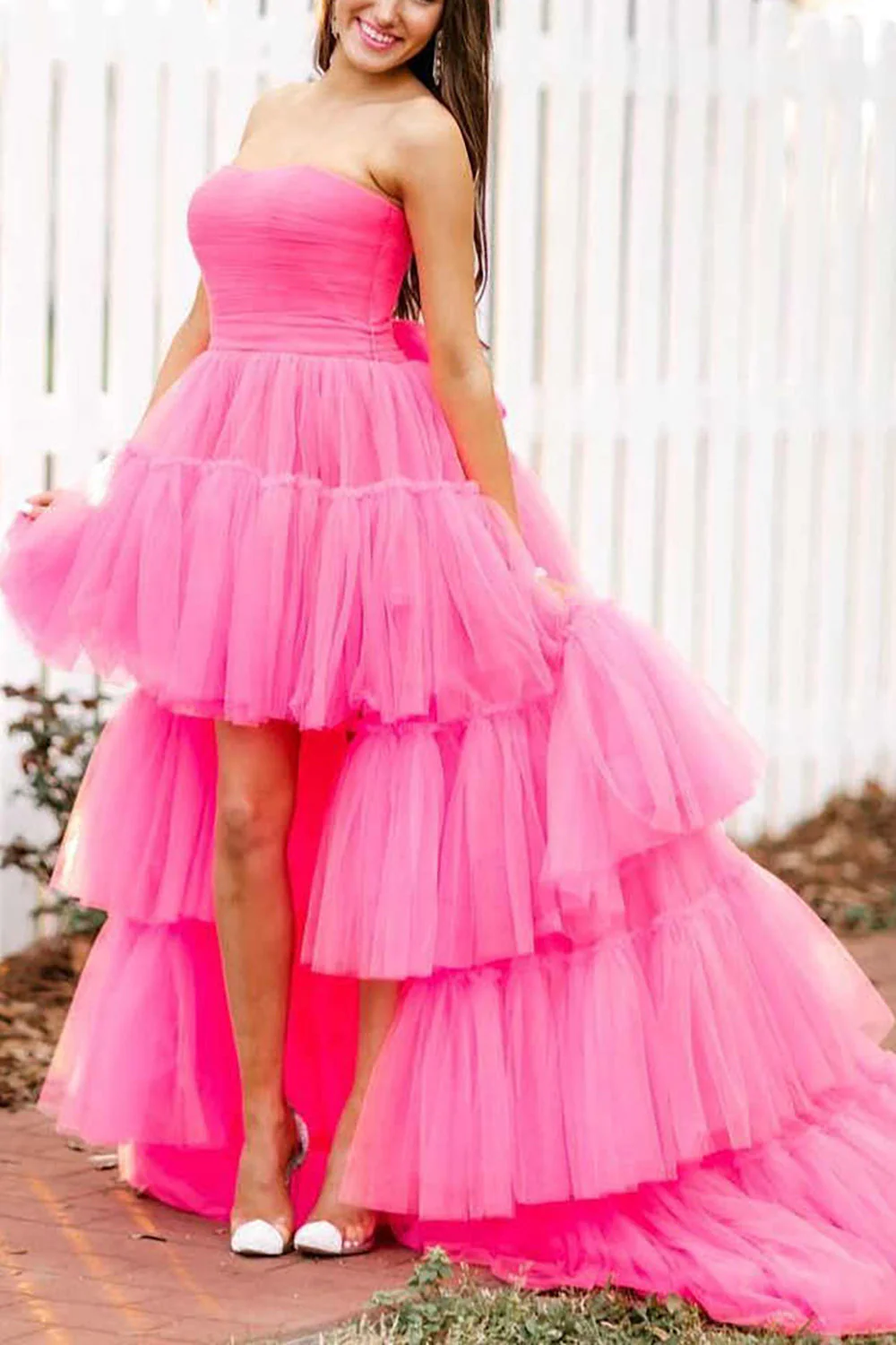 A-line High Low Strapless Tulle Prom Dress with Ruffles - Image 3