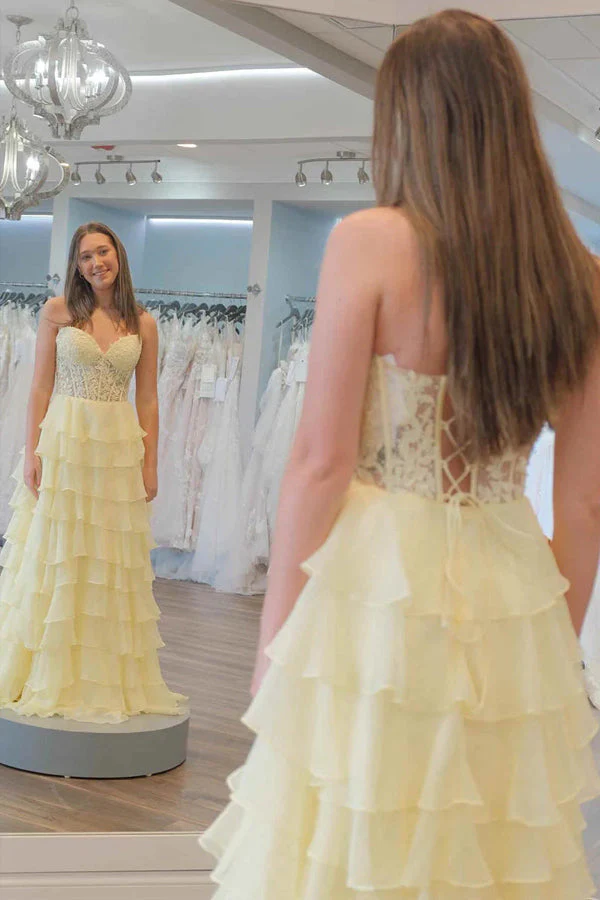 Sweetheart Lace Chiffon Corset Long Prom Dresses Ruffle - Image 2