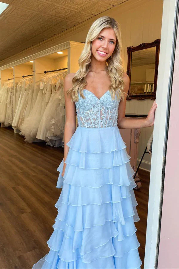Sweetheart Lace Chiffon Corset Long Prom Dresses Ruffle - Image 5
