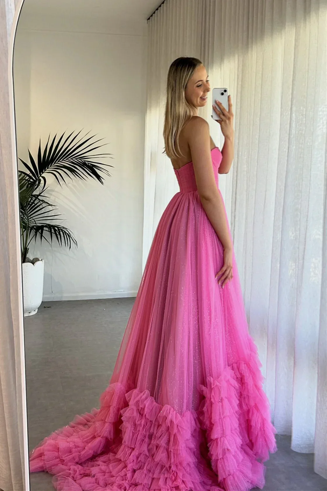 Sweetheart Pink Sparkle Tulle Ruffles Long Dress - Image 2