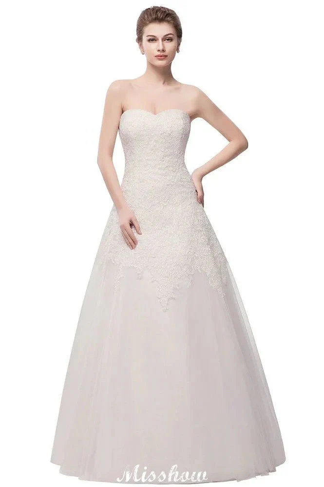 Sweetheart Strapless A-line Long Lace Tulle Wedding Dresses - Image 9
