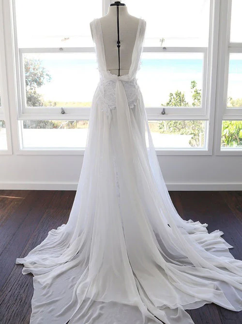 Sweetheart White Chiffon Spaghetti Strap Lace Beach Wedding Dresses - Image 2