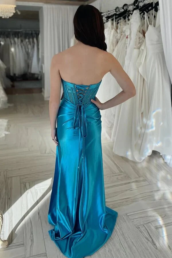 Teal Sheath Silk Satin Beaded Strapless Prom Dresses With Slit, Party Dress, MP960 - Image 2
