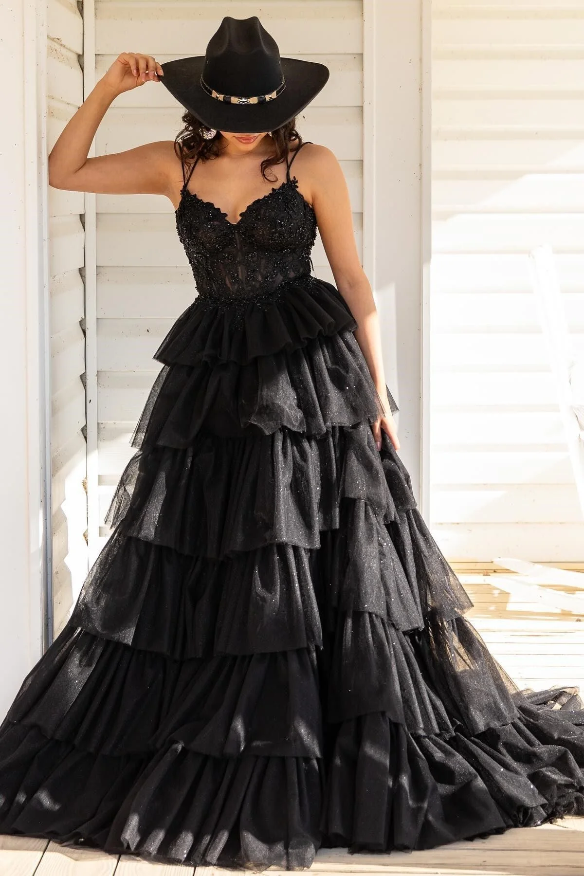 Tiered Ruffle Appliques Corset Long Prom Dress with Spaghetti Straps - Image 5