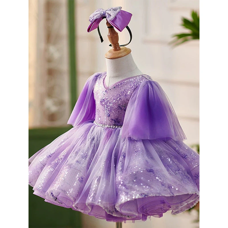 Toddler First Communion Dress Girl Purple Fluffy Sequins Princess Dress - Image 2