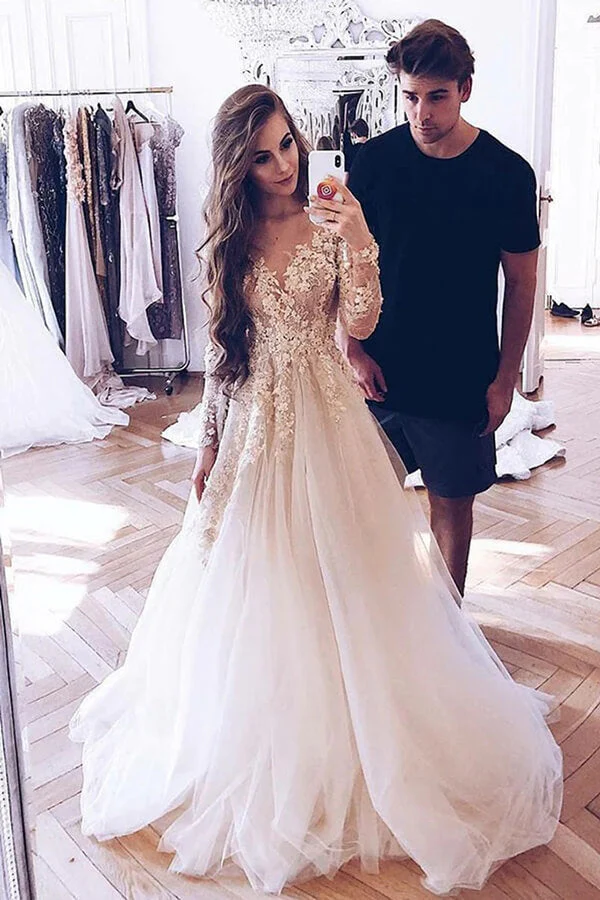 Tulle A-Line Long Sleeves Lace Appliques Wedding Dresses, Bridal Gown - Image 2