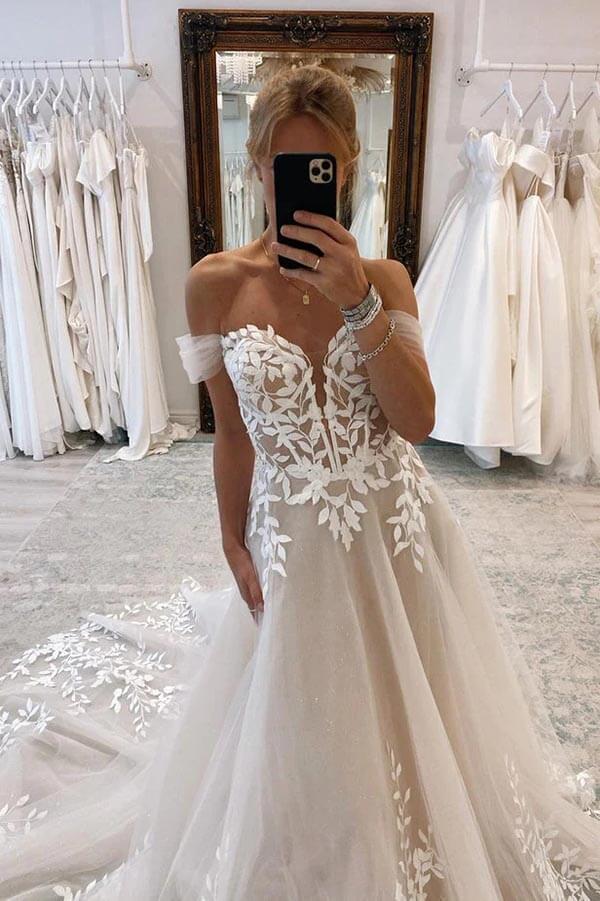 Tulle A-line Off-the-Shoulder Wedding Dresses With Lace Appliques - Image 3
