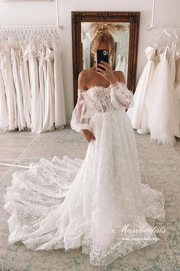 Tulle A-line Sweetheart Lace Wedding Dresses With Detachable Sleeves