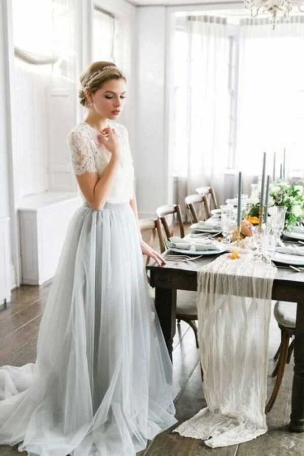 Tulle A-line Two Piece Short Sleeves Wedding Dress With Sweep Train - Image 3