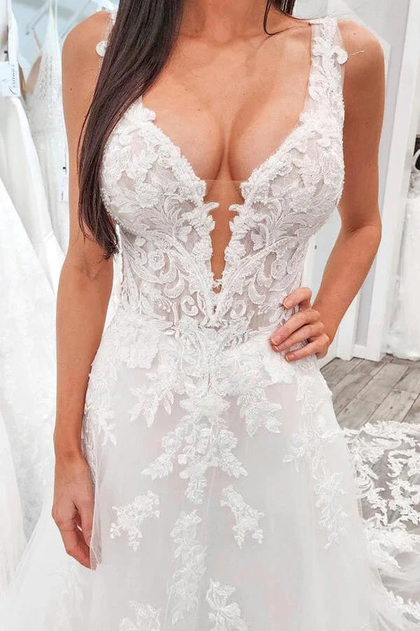 Tulle A-line V-neck Lace Appliques Wedding Dresses With Chapel Train - Image 3