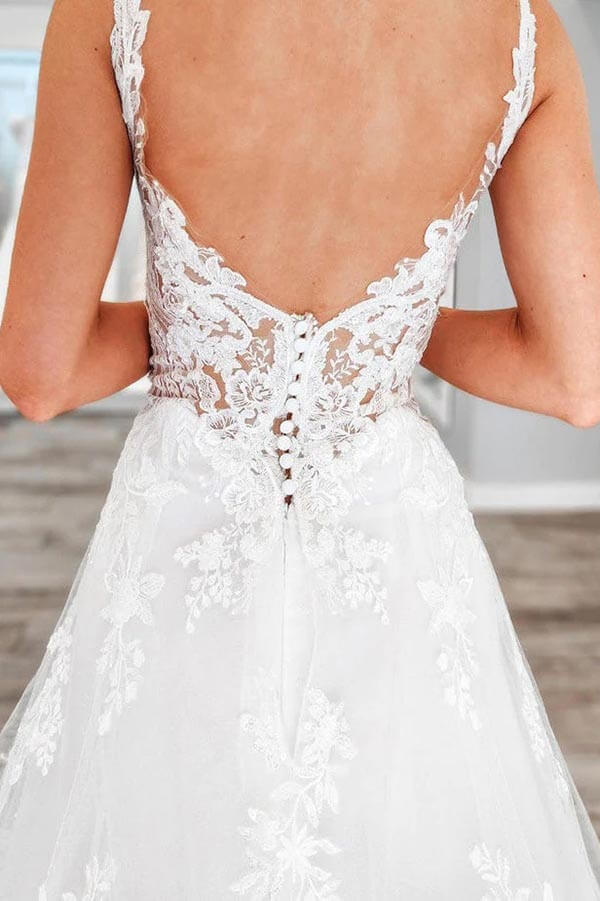 Tulle A-line V-neck Lace Appliques Wedding Dresses With Chapel Train - Image 4