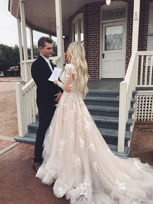 Tulle A-line V-neck Long Sleeve Lace Wedding Dresses with Train Prom Dress - Image 2