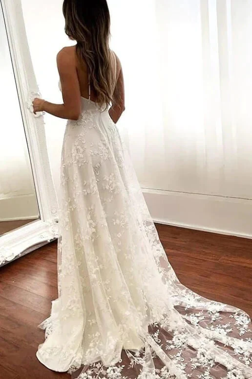 Tulle A-line V-neck Open Back Spaghetti Straps Wedding Dresses With Slit - Image 2