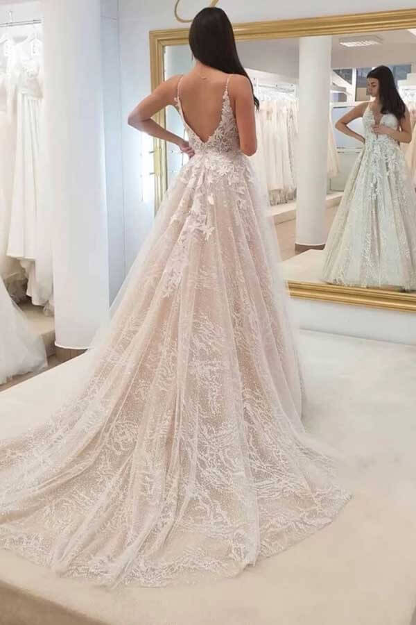 Tulle A-line V-neck Wedding Dresses With Lace Appliques, Bridal Gown - Image 2