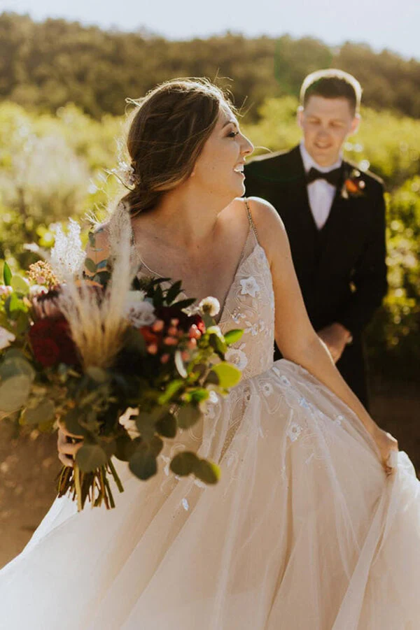Tulle Backless A-line Spaghetti Straps Cheap Wedding Dress, Bridal Gown - Image 3