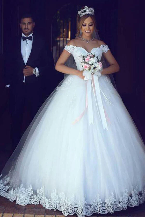 Tulle Ball Gown Off Shoulder Appliqued Wedding Dresses With Sweep Train - Image 2