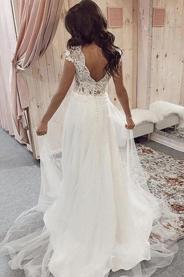 Tulle Lace A-line V-neck Cap Sleeves Wedding Dresses, Bridal Gown - Image 2