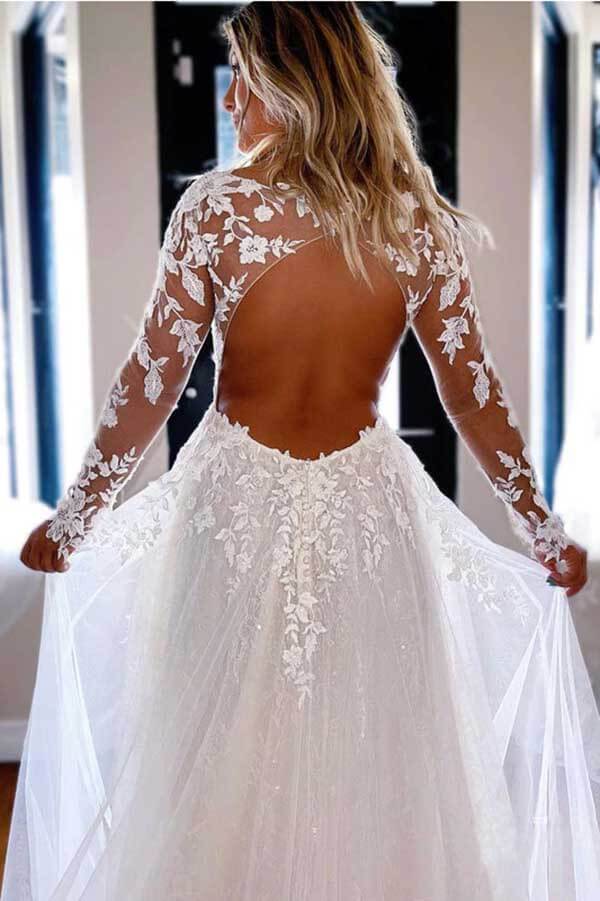 Tulle Lace A-line V-neck Long Sleeves Wedding Dresses, Wedding Gown - Image 3