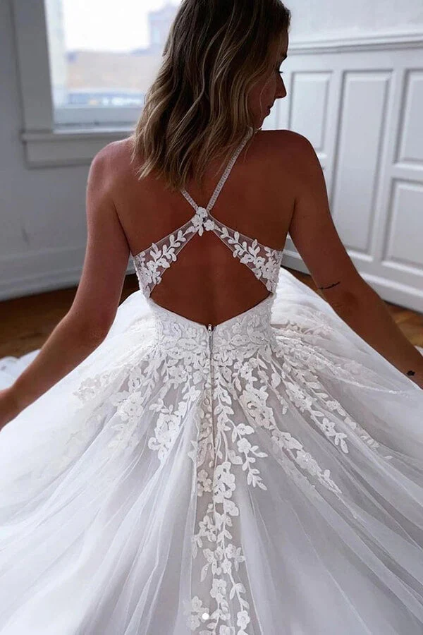 Tulle Lace A-line V-neck Spaghetti Straps Open Back Wedding Dresses - Image 2