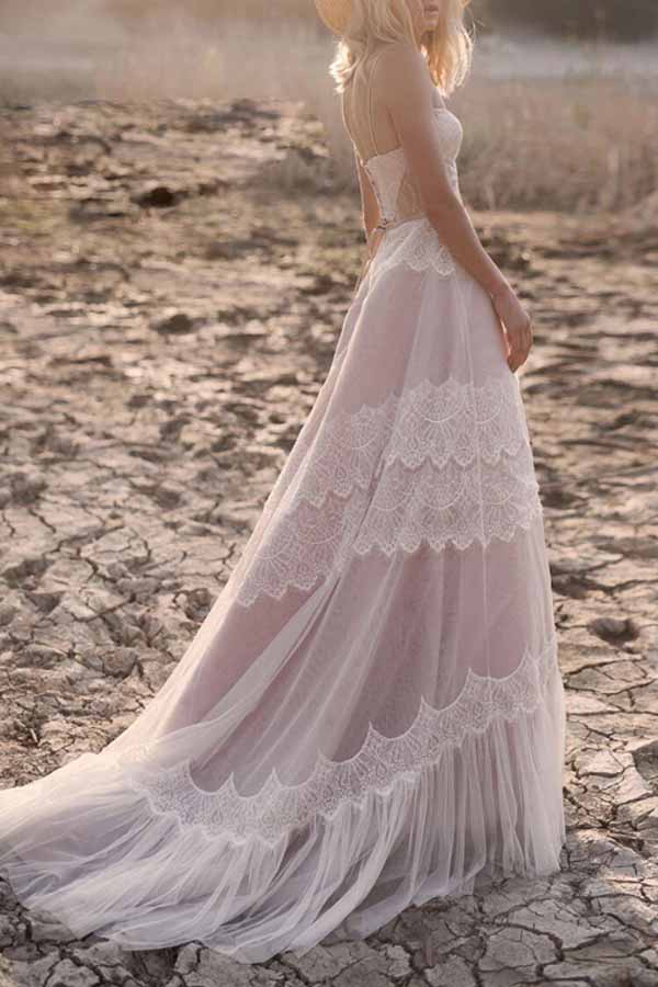 Tulle Lace Spaghetti Straps Boho Wedding Dresses, A-line Bridal Gown - Image 3