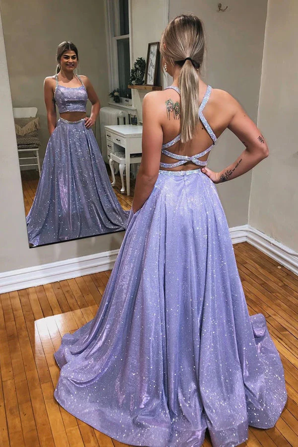 Tulle Lavender A-Line Sparkle Two Piece Prom Dress With Appliques - Image 2
