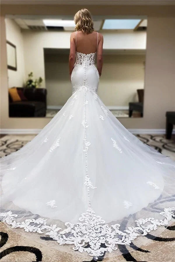 Tulle Mermaid Lace V-neck Spaghetti Straps Wedding Dresses With Train - Image 2