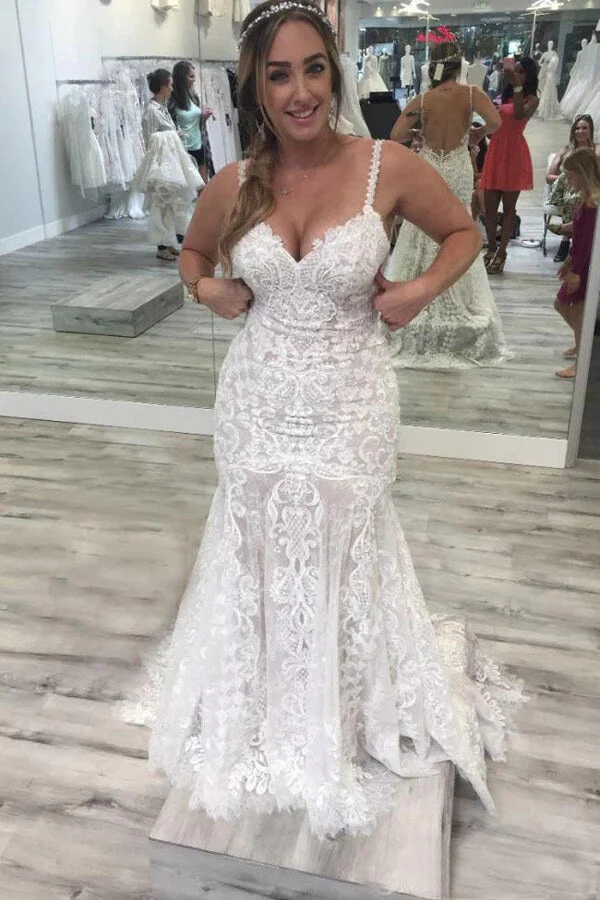 Tulle Mermaid Spaghetti Straps V-neck Backless Lace Wedding Dresses