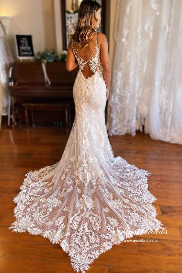 Tulle Mermaid Spaghetti Straps V-neck Lace Appliques Wedding Dresses - Image 2