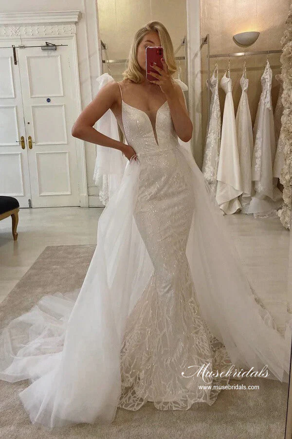 Tulle Mermaid V-neck Lace Sequins Detachable Train Wedding Dresses