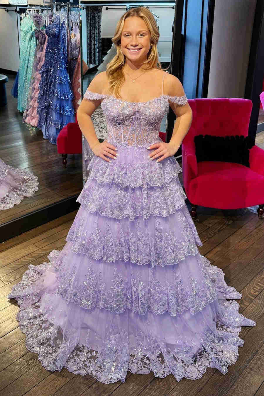 Tulle Sequin Cold-Shoulder Ruffle Tiered Long Prom Dress - Image 8
