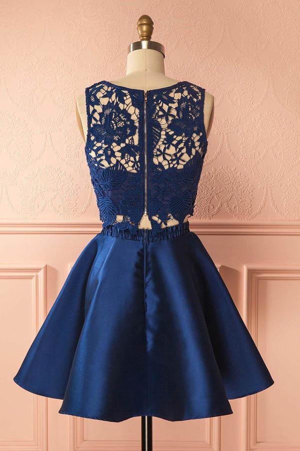 Two Piece Dark Blue Satin Homecoming Dress with Lace Appliques PG157 - Image 3