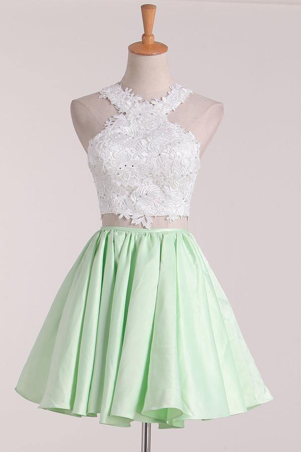 Two-Piece Scoop Homecoming Dresses A Line Satin With Applique PD411