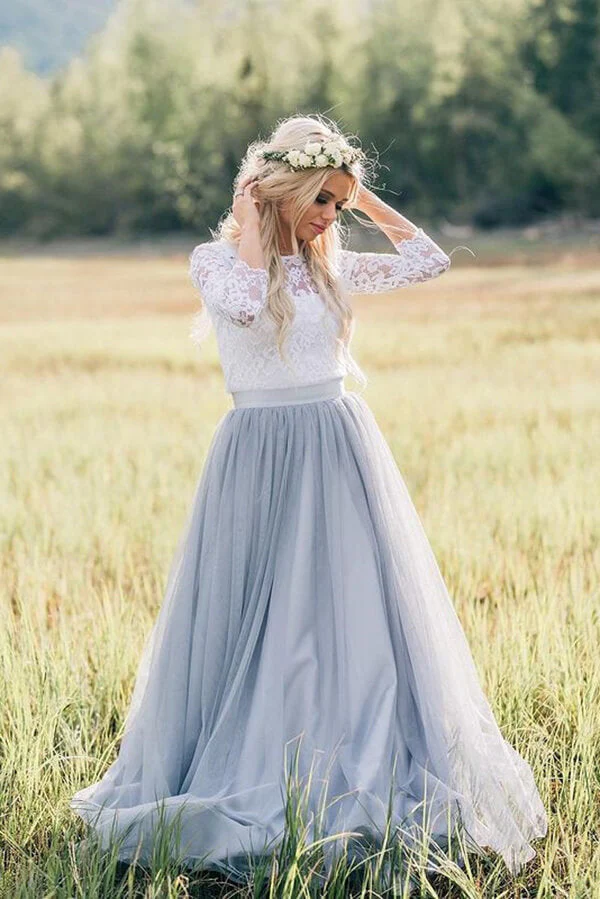 Two Pieces 3/4 Sleeves Boho Wedding Dresses, Lace Wedding Gowns - Image 3