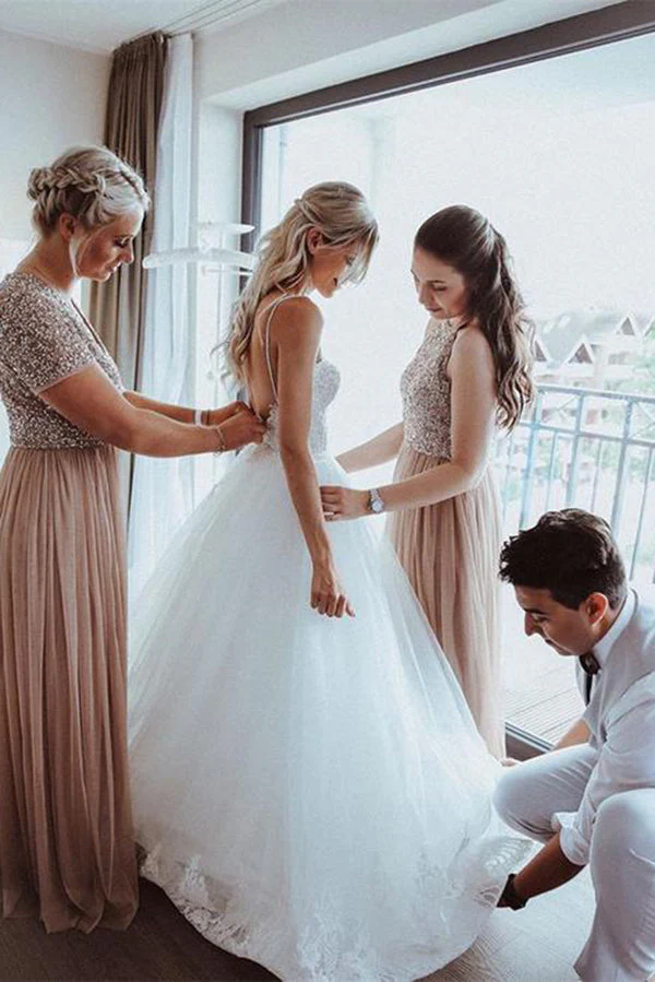 Unique A-line Tulle Spaghetti Straps Backless Wedding Dresses Online - Image 3