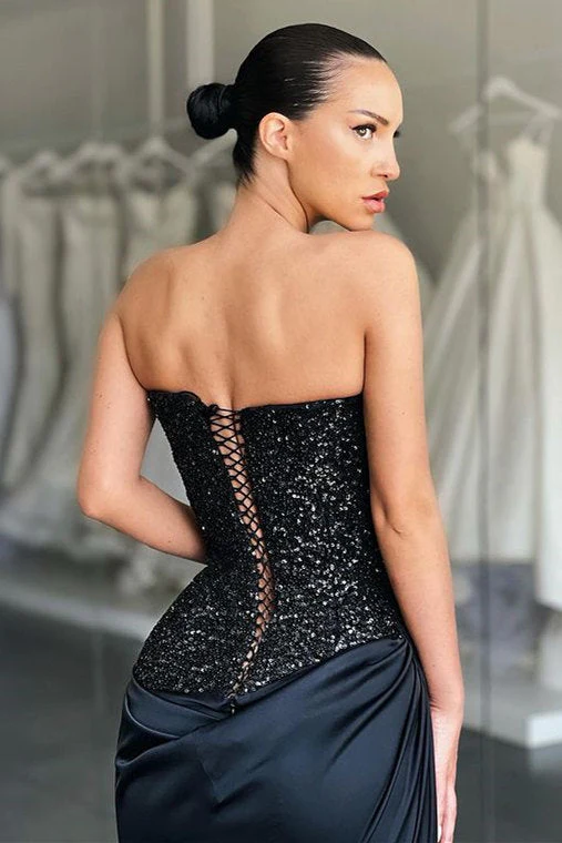 Stunning Black High-split Lace-up Sequined Prom Dress special Strapless - Image 4