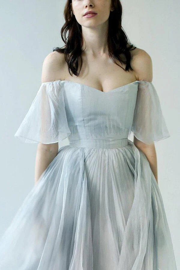 Unique Grey Blue Chiffon Off Shoulder Wedding Dresses, Bridal Gown - Image 3