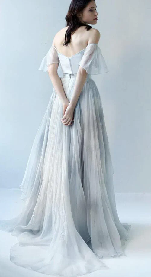 Unique Grey Blue Chiffon Off Shoulder Wedding Dresses, Bridal Gown - Image 4