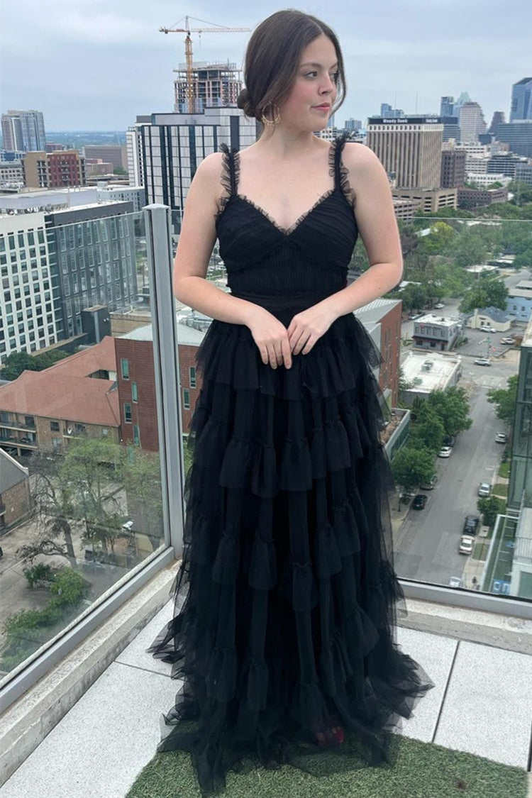 V-Neck Black Layered Tulle A-Line Prom Dress - Image 3