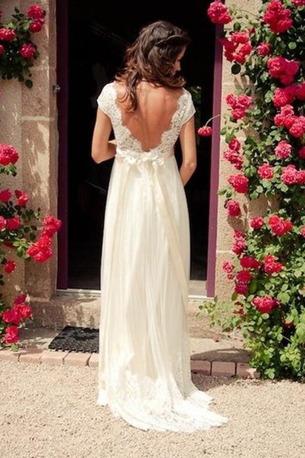 V-neck Cap Sleeves Sweep Train Backless Wedding Dress With Sash WD011