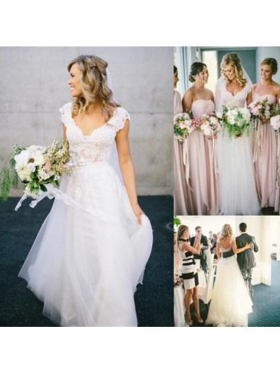V-Neck Lace Tulle Cap Sleeve A-Line Wedding Dress - Image 3