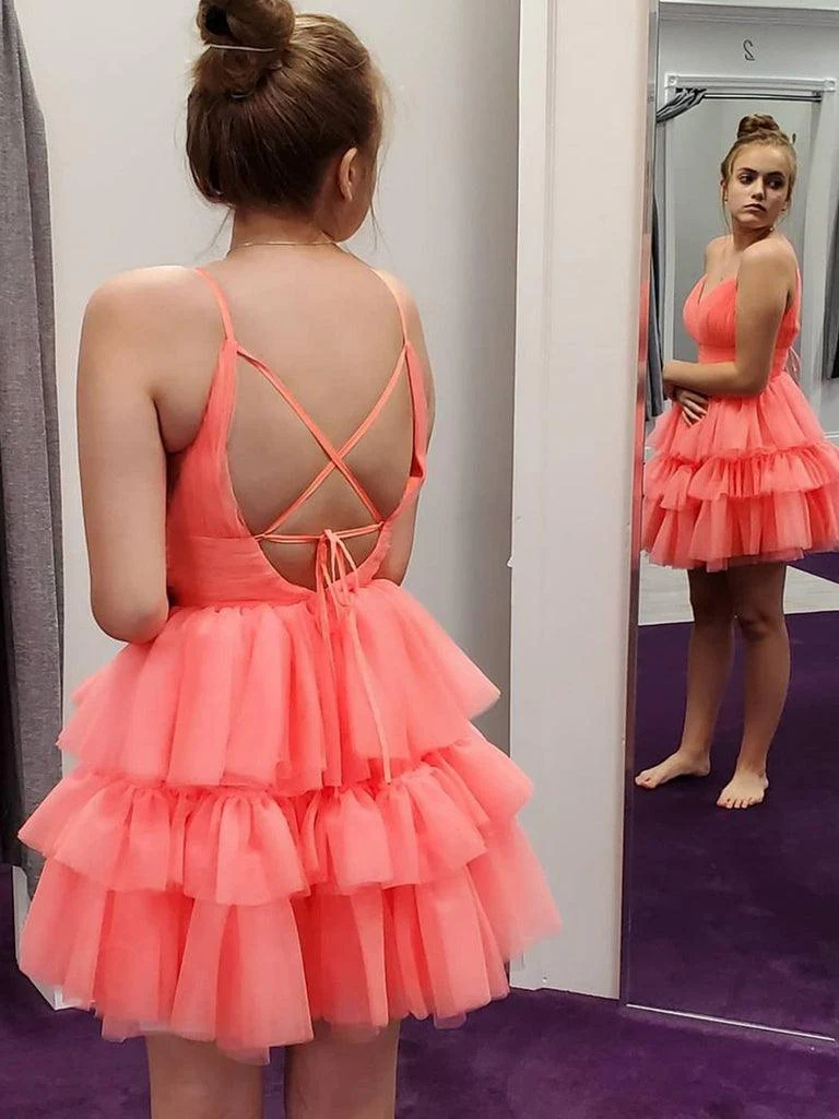 V Neck  Layered Coral Short Prom Dresses Homecoming Dresses PD446 - Image 2